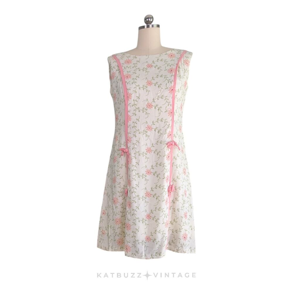 Mini Floral Dress M Cream Pink Vintage 60s A-Line Floral Bow Ribbon Sleeveless - Picture 2 of 14